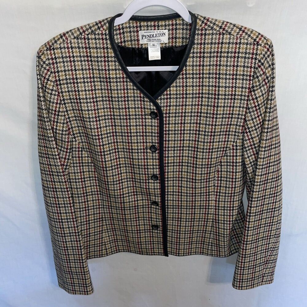 Pendleton Womens Houndstooth Jacket Size 14 Multicolor Button Up Long Slv Wool
